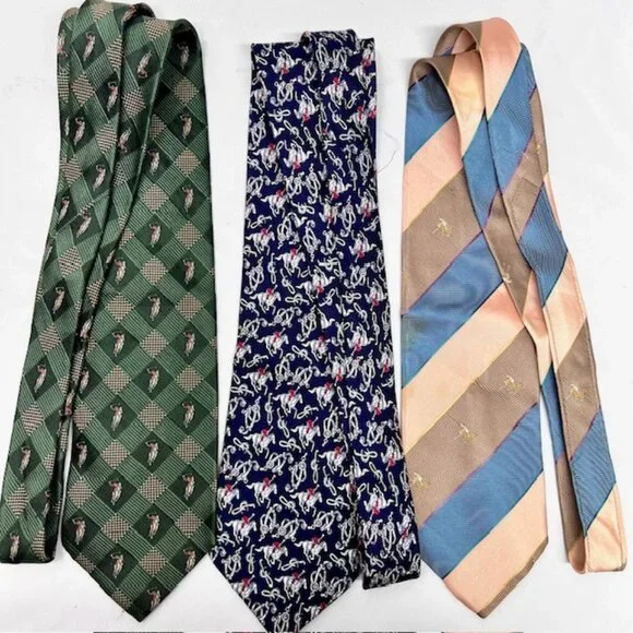 3 Neckties Polo Club 100% Silk green brown  blue pink striped Polo Horses  (67) - Picture 5 of 10
